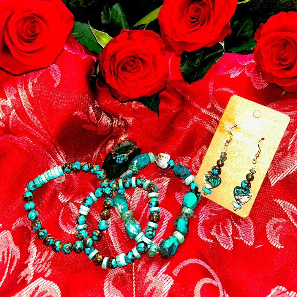 AAA turquoise X sardiolite gift set bracelet and droplet earrings